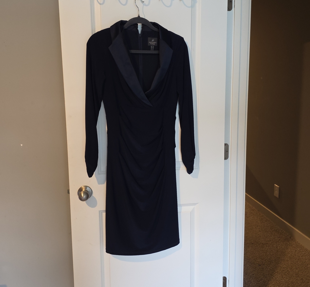 Adrianna Papell Navy Long-Sleeve Draped Sheath Dress